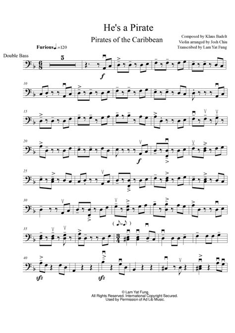 He's A Pirate (arr. Lam Yat Fung) by Geoffrey Zanelli Sheet Music for String Bass Solo at Sheet ...