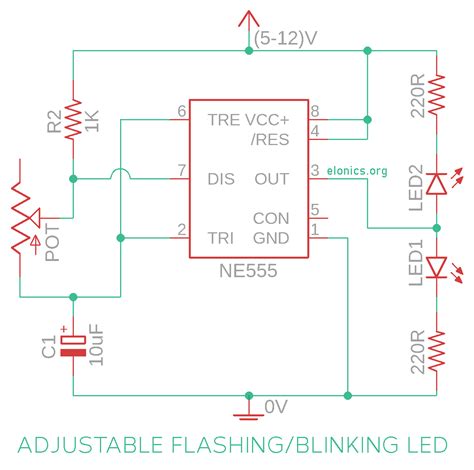 Adjustable Flashing/Blinking LED Circuit using 555 Timer IC