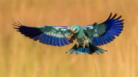 A Vibrant Roller Bird Flying with Prey Caught in Its Beak Stock Photo - Image of flight, roller ...