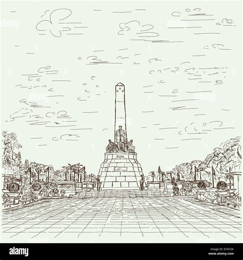 hand drawn illustration of Philippines famous destination Jose Rizal monument at Luneta park ...