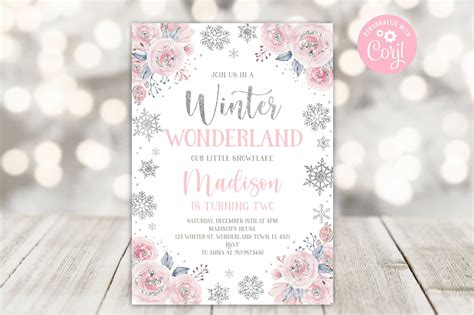 EDITABLE Winter Wonderland Birthday Invitation Pink and Silver Winter ...