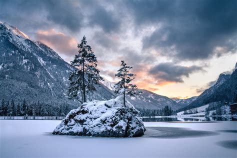 Download Alps Bavaria Germany Island Lake Mountain Tree Snow Nature Winter 4k Ultra HD Wallpaper