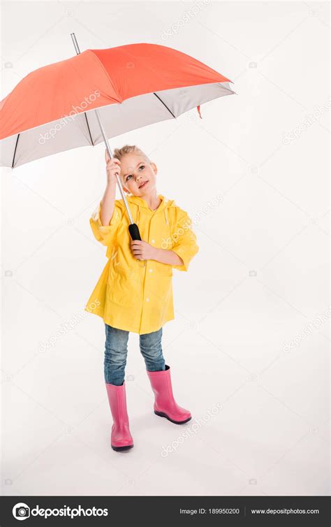 Little Child Yellow Raincoat Umbrella Isolated White — Stock Photo © EdZbarzhyvetsky #189950200