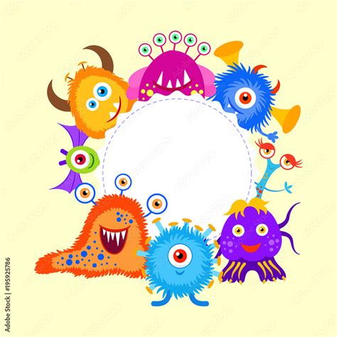 Round empty frame with monster. Design template for card, poster, cover ...