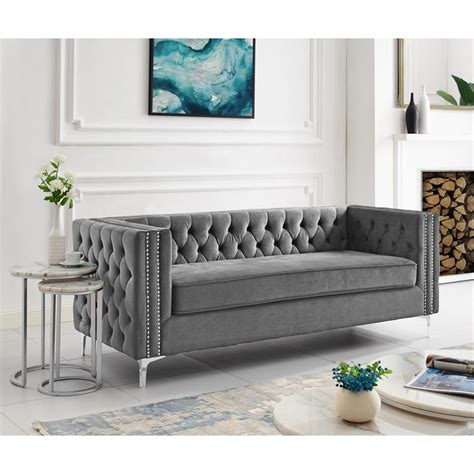 Gray Tufted Nailhead Sofa | Baci Living Room