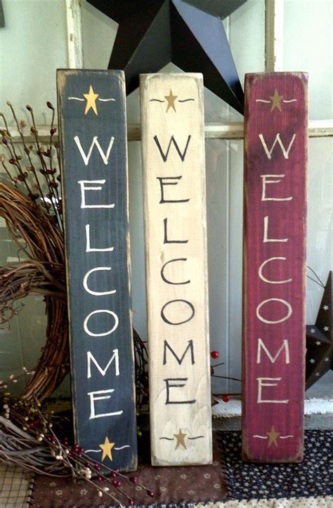 Welcome sign vertical primitive wooden sign | Wood crafts, Primitive decorating, Wooden signs