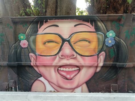 Happy Looking Girl with Glasses Graffiti in Bangkok Thailand Editorial ...