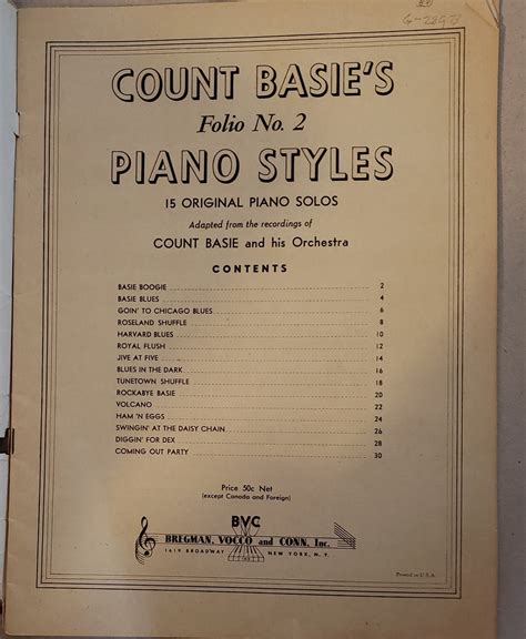 Count Basie's Folio No. 2 Piano Styles 15 Original Piano Solos: Good ...