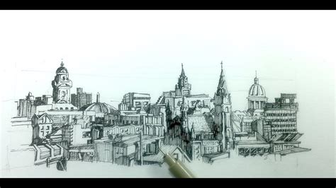 How to draw a panoramic city skyline or cityscape with buildings - YouTube