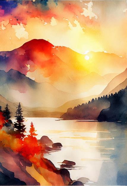 Premium AI Image | A watercolor painting of a mountain landscape with a ...