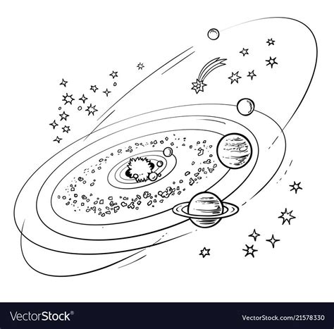 Sketch of solar system with planets orbiting sun, stars,comet and meteorites isolated on white ...