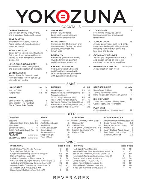 Menu at Yokozuna restaurant, Tulsa, 309 E 2nd St