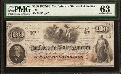 UNC 1862 $100 DOLLAR BILL CONFEDERATE STATES NOTE CIVIL WAR MONEY T41 ...