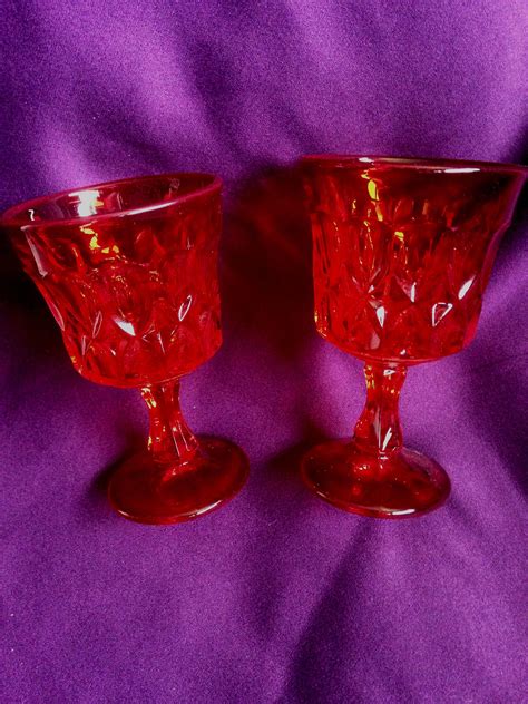 Amberina Water Goblets Ruby Red Glass Stemware Thumbprint | Etsy Canada ...