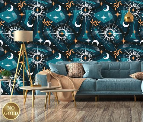 Vivid Black & Blue Cosmic Wallpaper With Moon, Stars and Orange Leaf ...