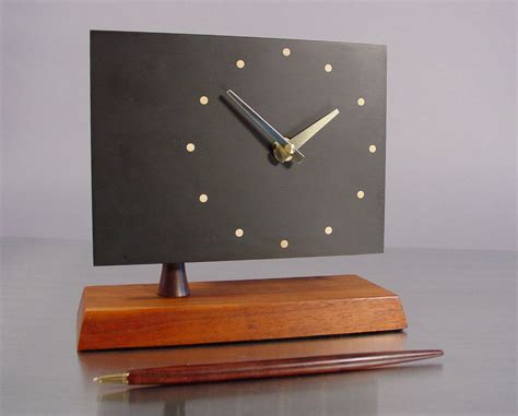 Mid Century Desk Clock Slate and Walnut by Harpswell House