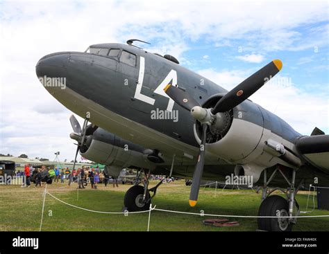 Douglas C47 Dakota in D-Day colours at Dunsfold Aerodrome, Sussex Stock ...