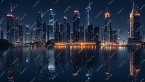 Premium AI Image | Night view at a city with towering buildings