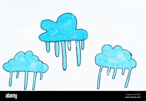 Illustration, child's drawing of blue clouds. Background on a theme of weather.Blue sky, clouds ...