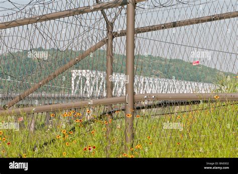 Freedom Bridge and the DMZ fence, Demilitarized Zone (DMZ) between North and South Korea ...