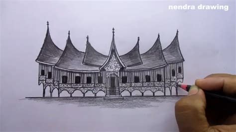 cara menggambar rumah gadang | rumah adat minangkabau - YouTube