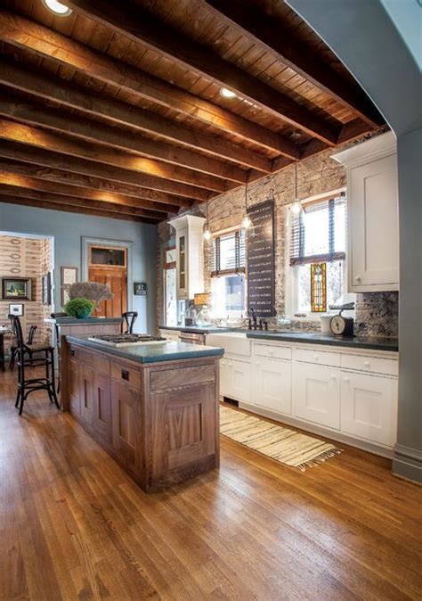 exposed joist ceiling kitchen - love the exposed look and the blue! | Home kitchens, Home decor ...