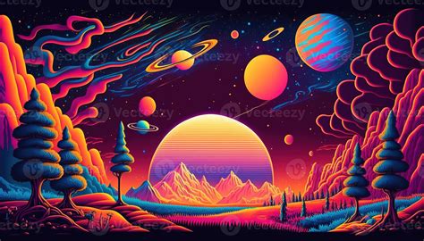 , Psychedelic Space banner template, nostalgic 80s, 90s background ...