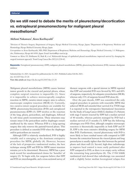 (PDF) Do we still need to debate the merits of pleurectomy/decortication vs. extrapleural ...