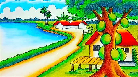 How to draw jack fruit tree drawing Beautiful village scenery with draw ...