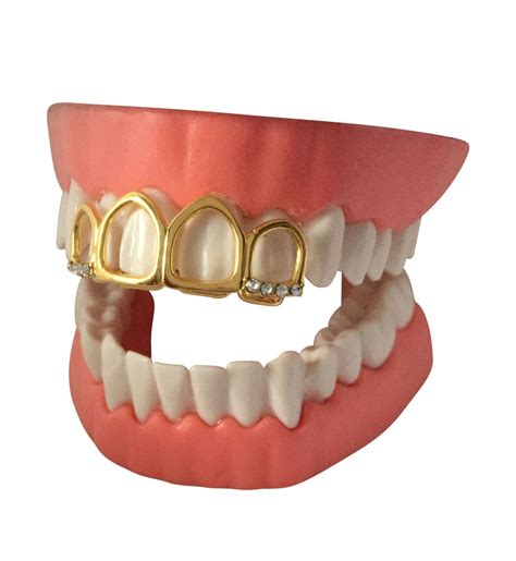 14K GP Upper Front 4 Teeth Grillz Grill Tooth Cap w/ CZ Stones | Grillz ...