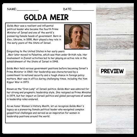 Women's History Month GOLDA MEIR BIOGRAPHY Reading Comprehension | Made ...