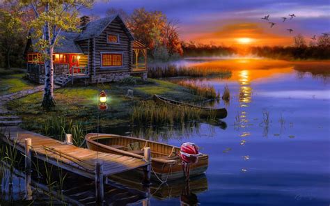 night, House, Cabin, Boat, Birds, Sunset, Painting, Lake Wallpapers HD / Desktop and Mobile ...