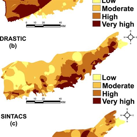 Vulnerability maps of groundwater to pollution. a GALDIT. b DRASTIC. c ...