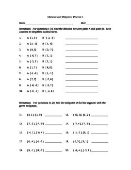 Geometry: Distance Formula and Midpoint Formula, Practice Worksheet #1