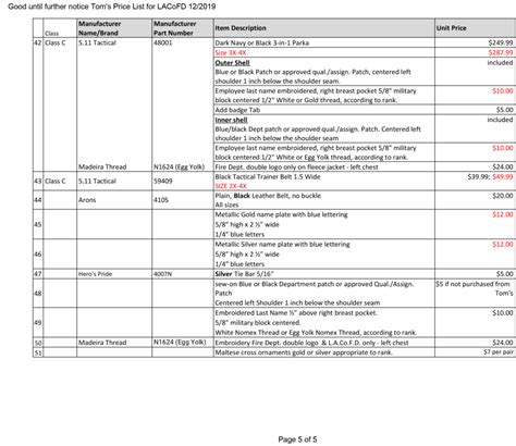 LACOFD Pricing – Tom's Uniforms – Since 1954