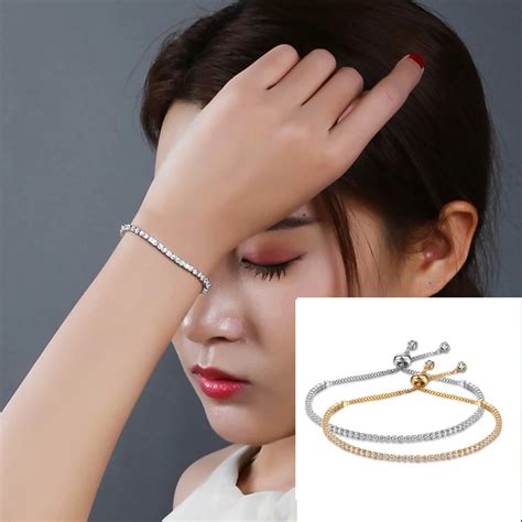 Gold Tone Crystal Pave Bar Slider Bracelet Adjustable Drawstring Tightening-in Strand Bracelets ...