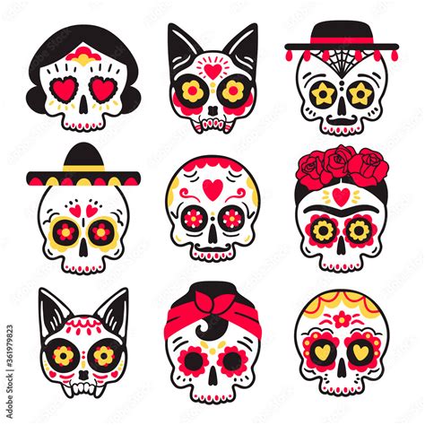 Cute childish sugar skulls set for Dia de los Muertos party. Collection ...