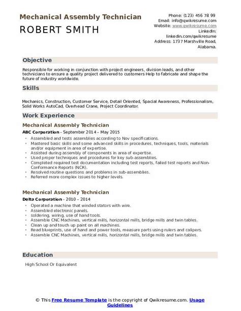 Mechanical Assembly Technician Resume Samples | QwikResume