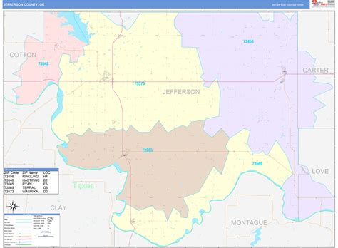 Jefferson County, OK Wall Map Color Cast Style by MarketMAPS