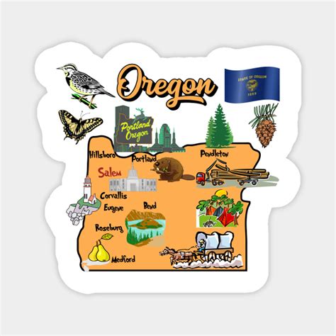 Tourist attractions map of Oregon state, USA, major cities, flag ...