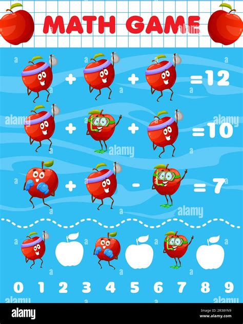 Cheerful cartoon red apple characters, math game worksheet. Vector ...