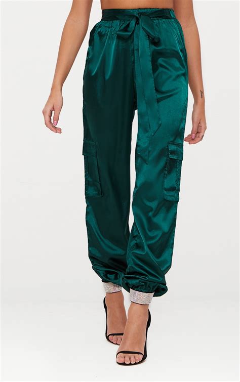 Emerald Green Satin Cargo Pants | Pants | PrettyLittleThing UAE