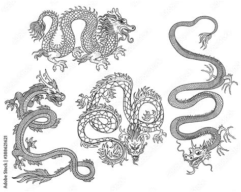 Black line images of Chinese dragon, outline vector illustration ...