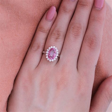 Natural Padparadscha Pink Sapphire Ring in 14k White Gold Diamond Band