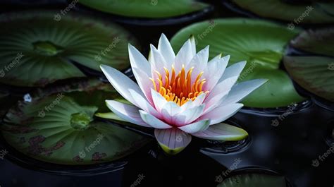 Premium Photo | A white water lily in a pond with green leaves.