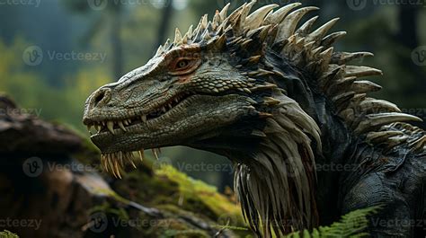 Close-up photo of a Spinosaurus looking in their habitat. Generative AI ...