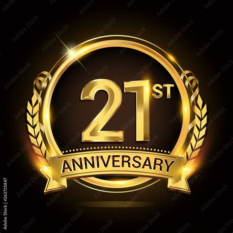 21st golden anniversary logo, 21 years anniversary celebration with ring and ribbon, Golden ...