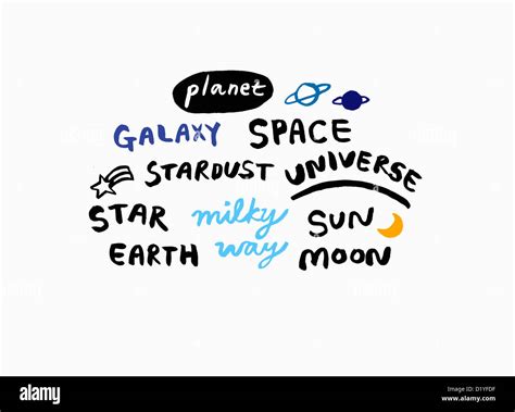 words related to space written in different fonts and colours Stock Photo - Alamy