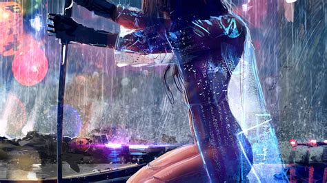 artwork, Rain, Cyberpunk, Sword Wallpapers HD / Desktop and Mobile Backgrounds