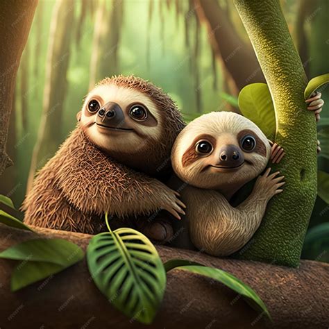 Premium AI Image | A sloth and a baby sloth are sitting on a tree.